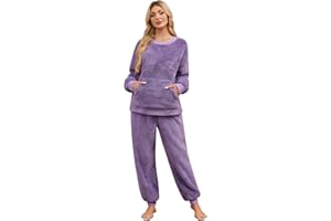 Niwicee Pijama Mujer Invierno Conjunto de Pijama Forro Polar Super Suave Ropa de Dormir 2 Piezas Damas Ropa de Noche Manga Larga cálida y Pantalones Largos con Bolsillo S-XXL