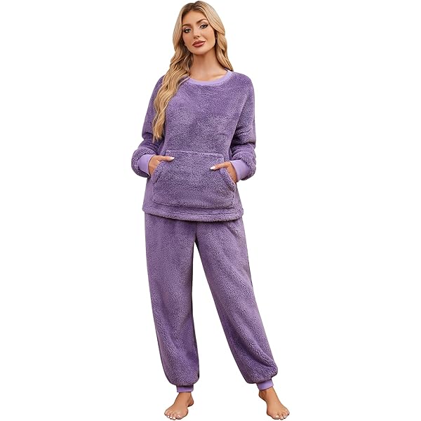 Niwicee Pyjama voor dames, fleece pyjama, pluizige pyjama's, winter, warm, donzig, pyjama, loungewear voor dames, gezellige zachte nachtkleding, top