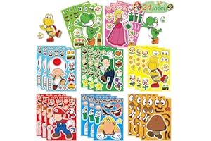 WDOERA Mario Make-a-face Stickers for Kids(24 Sheets) Make Your Own Stickers Fun Craft Project for Kids, Mixed and Matched with 8 Designs Characters Stickers for Party Decoration