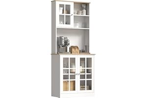 HOMCOM Freestanding Kitchen Cupboard, Storage Cabinet with Doors and Adjustable Shelves, Counter Top, Grid Glass Doors, 80L x 37W x 183H cm - White