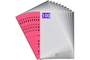 PUTOAHAO 100 Pezzi Buste Trasparenti Anelli A4,Cartelline Trasparenti A4 in PP (0.06mm,60 micron),11 Fori per 2/3/4 Anelli,Formato DINA4 (20-30 Fogli),per Scuola/Ufficio/Casa (Lato rosso,6C-100)