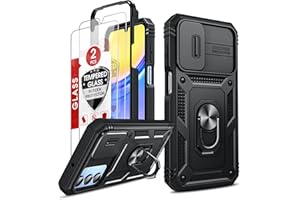 LeYi Coque pour Samsung Galaxy A15 4G/5G Antichoc Lentille Coulissante: 2 Verre Trempé+ Anneau Support,Protection de Caméra,PC Dur Renforcée Armor Heavy Duty Bumper Rigide Housse Etui Coque A 15-Noir