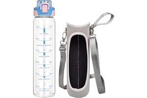 DEARRAY 1l / 1 litre Gourde d'eau en Verre avec Paille et Marqueur de Temps 1000ml Motivation Sport Bouteille en Verre avec Protection en Néoprène