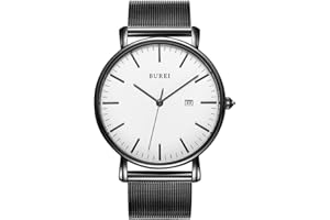 BUREI Uomo Donna Orologio da polso al quarzo classico minimalista Quadrante nero analogico Data e cinturino in acciaio inossidabile