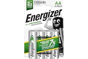 Energizer Recharge Universal - Pila Recargable AA (Paquette de 4) Batería 1300 mAh NiMH - precargada - para dispositivos uso frecuente y cientos de recargas - Embalaje 100 % reciclable y sin plástico