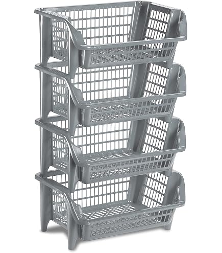Nuovo Impilabile Cestello Portaoggetti In Plastica, Colore: Creme, Grigio, Lunghezza 36 Cm X Profondità 30 Cm X Altezza 17,5 Cm (nero, 1 Rastrelliera