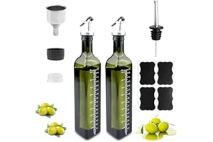 Gvolatee 2 X bouteille huile olive 500ml, Distributeur D'huile D'olive avec Bec Verseur, entonnoir en acier inoxydable, étiquettes, Récipient vinaigre en verre pour Cuisine, Grillades, Cuisson, Salade