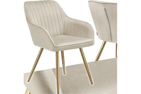 tectake® Karmstol i mjuk vadderad sammetslook, elegant stol med bekvämt ryggstöd och armstöd, kökstol med stabila stålben med halkfria plastkåpor och tidlös design, perfekt för matsalen - Creme
