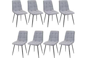 JIJIAN Set of 8 Dining Chairs, Linen Kitchen Chairs, Living Room Chairs with Upholstered Seat Backrest and Sturdy Black Metal Legs, Checkerboard Pattern (Grey)