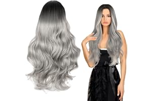 ‎GIUGIO Perücke Grau Damen, 70 cm Ombre Silber Grau Lang Lockig, Perücke Damen, Natürlich Synthetische Haar Perücken Für Frauen, Graue Perücke Damen Wig für Karneval AlltagKostümparty Cosplay