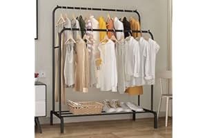 NONE MANUFACTUER Clothes Rail Heavy Duty Clothes Rack Metal Double Poles Clothing Garment Rack Hanger 144x110x55cm Freestanding Coat Rack with Bottom Storage Shelf for Bedroom Home Office Black