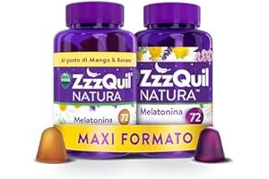 ZzzQuil Natura, MELATONINA per DORMIRE, INTEGRATORE con MELATONINA pura ed Estratti di Valeriana, Camomilla e Lavanda, MAXI FORMATO 2x72 Pastiglie Gommose, Gusto MISTO, FRUTTI DI BOSCO e MANGO BANANA