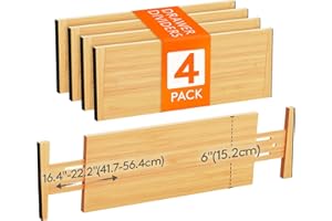 Lifewit 4 szt Zestaw Bambusowy Separator Szuflad 15.2cmH 41.7-56.4cm Regulowany Organizer Szuflad Organizer System do Kuchni/Lazienki/Biura, Podział szuflad do Kosmetyków Sztućce Narzędzie Przyprawy
