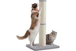Feandrea Tiragraffi per Gatti, Palo Graffiatoio Alto 85 cm, per Gatti di Taglia Media e Grande, Asta in Sisal Antifreaffio per Mobili, Pompon a Molla con Campanello, Grigio Tortora PCA041G01
