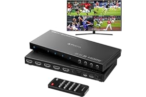 PORTTA 4K HDMI Multiviewer Switch 4x1 con PIP, Porta Quad Multi Viewer Switcher 4 in 1 Out con TosLink, supporto audio da 3,5 mm Supporto 4K 30Hz, 6 modalità di visualizzazione, downscaler