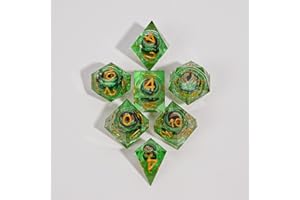 HKDZ Liquid Dragon Eye Dice Set 7 Piece with Bag and Box,Resin Polyhedral Dice for Dungeons and Dragons Tabletop RPG,Unique Cool Dragon Design D20 D12 D10 D8 D6 D4（Green Gold）
