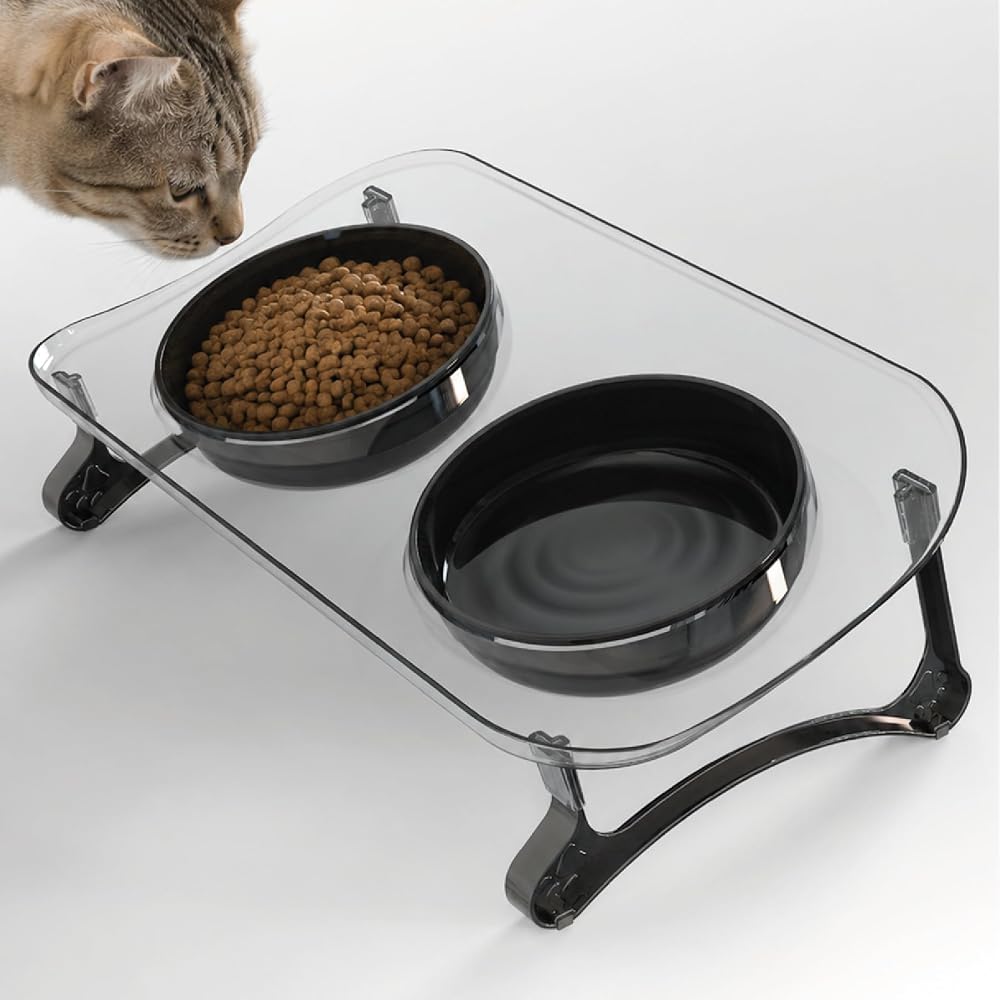 Mama Kabı, Mama ve Su Kabı, Kedi Mama Kabı, Kedi Mama ve Su Kabı, Köpek Mama Kabı, Kedi Mama Kapları, Köpek Mama ve Su Kabı, 15° Eğimli Yüksek Çift Kaseli (Transparan+Siyah)