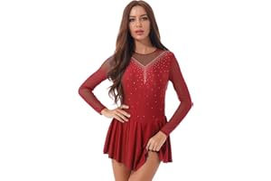 dPois Robe Patinage Artistique Femme Paillettes Manche Longue Robe Danse Latine Justaucorps Gymnastique Robe Carnaval Tenue Danse Contemporaine Ballet Femme XS-3XL