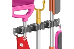 Quirlig Colgador Escobas y Fregonas Adhesivo, Soporte Escobas Pared Adhesivo con 3 Soportes y 2 Ganchos, Portaescobas con Tornillos, Colgador para herramientas de jardín, Negros