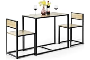 HOMASIS 3-Teilige Essgruppe, Bartisch Set mit 2 Barhockern, Kleiner Bistrotisch mit 2 Stühle, Sitzgruppe aus Holz & Metallgestell, Küchentisch im Industriedesign für Küche & Esszimmer (Natur)