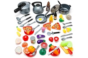 Kinderküche Zubehör, Theefun 45PCS Küchenspielzeug Set Küchenzubehör Kinder Obst Gemüse Lebensmittel Küche Rollenspielzeug Kochgeschirr Töpfe und Pfannen Set Geschenk für Kinder ab 3 Jahren