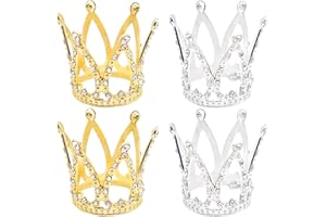 MUDOULU 4Pcs Crown Cake Toppers, Gold and Silver Princess Cake Decorations for Weddings Birthdays and Themed Parties, Mini Tiaras for Cakes and Desserts