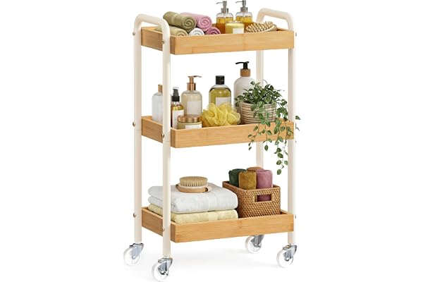 SONGMICS Förvaringsvagn, hjälpvagn, kökshylla med handtag, enkel montering, sovrum, badrum, kök, stålram, 27,5 x 41,3 x 73 cm, naturlig beige LRC081YL01