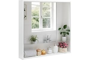 HollyHOME Armario de baño con espejo con estante, puerta de espejo doble, armario de almacenamiento para inodoro, montado en la pared, color blanco