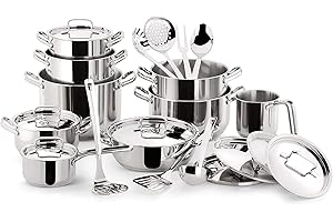 Lagostina Sfiziosa Batterie Cuisine en Acier Inox 18/10, Induction, Gaz et Four, 24 Pièces, Fond Lagoseal Plus, 6 Marmites, 1 Faitouts, 1 Casserole, 1 Pot à Lait, 8 Couvercles, 7 Ustensiles