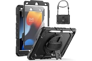 SEYMCY for iPad 9th/8th/7th Generation Case 10.2 inch, Shockproof Sturdy Cover with 360° Rotating Hand Strap & Stand, Screen Protector, Shoulder Strap, Pen Holder for iPad 9/8/7 gen 2021~2019, Black