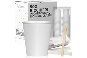 cubex professional® - Kit de 500 vasos reciclables de cartón blancos, 240 ml + 500 paletinas de madera de 11 cm en sobres individuales, para café, agua o bebidas calientes y frías