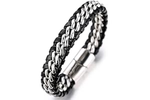 HALUKAKAH ● Solo Silver/Honor Gold/Nightwatch Black ● Men's Genuine Leather Bracelet Titanium Double Chain Magnetic Clasp 21.5-23cm with Free Giftbox