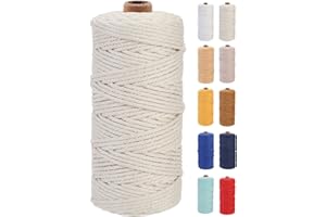 GOHOF Macrame Cord 3mm x 100m Premium Cotton Macrame Rope, 4 Strand Twisted Soft Cotton Cord, One of The Most Perfect Materials for Macrame Art, Cotton String Without Chemicals (Beige)