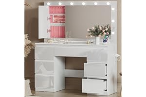 TRIUMPHKEY Schminktisch Hochglanz Weiß mit Große Spiege und LED-Beleuchtung,120x40x140cm,Frisiertisch mit 7 Schubladen,Steckdose,Schmuckschrank,für das Schlafzimmer