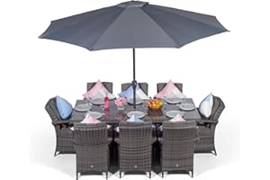 GIARDINO Arizona Luxury Rattan Dining Set | Rectangle 8 Seater Grey Rattan Dining Set | Outdoor Poly Rattan Garden Table & Chairs Set | Patio Conservatory Wicker Garden Dining Furniture with Parasol & Cover