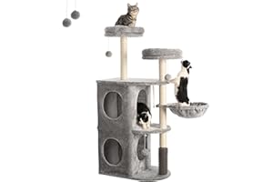 FourFurPets Interno Albero per Gatti 132cm, Tiragraffi Trespolo per Gatti, con 2 Posatoi, 2 Grotte, Cesto, Pompon, Grigio Chiaro