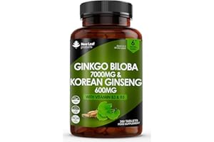 NEW LEAF PRODUCTS Ginkgo Biloba and Korean Ginseng Tablets - 7000mg Ginkgo Biloba Herbal Supplements & 600mg Panax Ginseng High Strength Ginseng Extract - Enriched with Vitamin B3 & B5-360 Vegan Tablets