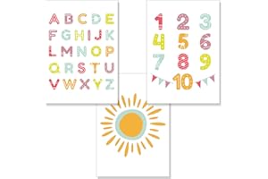 PREMYO Wall Art Prints Nursery Decor - Baby Room Decoration Girl Boy - Kids Poster Set Alphabet ABC Sun Picture A4 Size