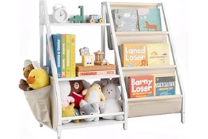 VEVOR 3-Tier Kids Bookshelf, Toy Storage Organizer for Toddler, Book Shelf for Kids Rooms with Sling Book Rack and Storage Bag, Kids Storage Book Shelves for Kids Room, Playroom, Kindergarten, Nursery