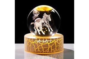 Movdyka Crystal 3D Horses with Moon 2.36in Ball Figurine Gifts for Women, Glass Animal Art Sphere for Room with Warm Light Base, Collectible Keepsakes for Horse Lovers Home Ornaments