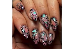 GlamRays 24 sztuki migdałów na paznokcie, kształt migdałów, wzór motyla, klej 3D