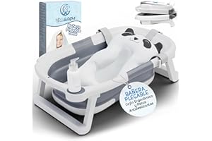VALVANI Bañera Plegable Bebe Portatil desde Recién Nacido Hasta 24 Meses + Cojín Panda Ergonómico Grande y Acolchado + Patas Antideslizantes Bañeras para Bebés Fácil de Limpiar Banheira Casa o Viaje | VALBABY
