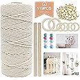 UPTO Macrame Cord 3mm,Macrame Kit for Beginners Adults Natural Cotton Rope with Wood Rings,Wood Stick,Colour Beads for Macrame DIY Wall Hanging,Plant Hanger Kits,Macrame Starter Kits
