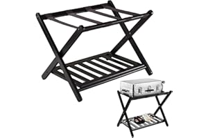 uyoyous Foldable Luggage Rack 2-tiers Folding Luggage Holder Wooden Suitcase Stand with Storage Shelf for Bedroom Hotel Use, 68 x 40 x 58cm