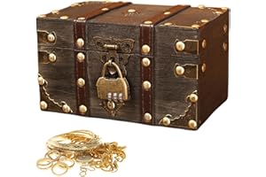 Sporgo Vintage Cofre Del Tesoro: Madera Joyero con Cerradura de Combinación, 18 x 11 x 10cm Pequeño Cofre del Tesoro para Almacenamiento y Decoración