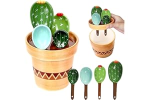 MENGCAT Keramik Cactus Messlöffel Set im Topforganizer, 5 Stück Cup Messbecher Set mit Meßlineal, Cup Messbecher Klein Löffel Set mit Skala,Süße Cactus Measuring Cups Für Trockene Flüssige Zutaten Salz Zucker