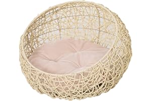 PawHut Katzenbett aus Rattan Katzenhöhle mit Kissen Katzenkorb Hundebett Katzenschlafplatz Hundehütte Tierbett für Katzen Hunde Beige Ø56 x 35 cm