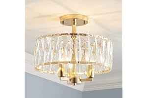 SM SAINT MOSSI Saint Mossi K9 Crystal Semi Flush Mount Ceiling Light Fixture, Modern Style, Close to Ceiling, E14 Base 3-Lights, D30cm x H18cm, Shine Gold Finish