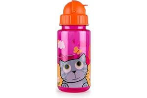 TUM TUM TUM butelka dla dzieci Flip Top, butelka dla dzieci ze słomką Tritan, 400 ml, bez BPA - Bluebell the Cat