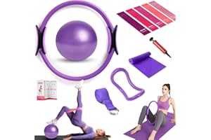 HELISAN Pilates Ring Equipment Set, Home Pilates Kit for Women with 15’’ Magic Ring with Dual Padded Handles, 25cm Yoga Ball, 5 Resistance Bands & Complete Fitness Guide, Pilates Essential Kit -Purple